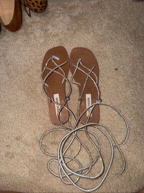 Steve Madden Silver Braided Lace-Up Flat Sandals